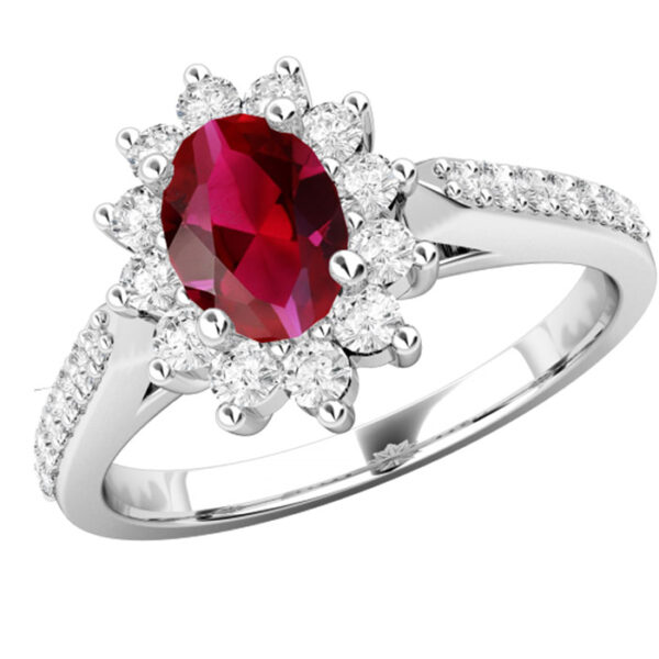 Δαχτυλίδι Κ18 ροζέτα με πέτρες ρουμπίνι και διαμάντια